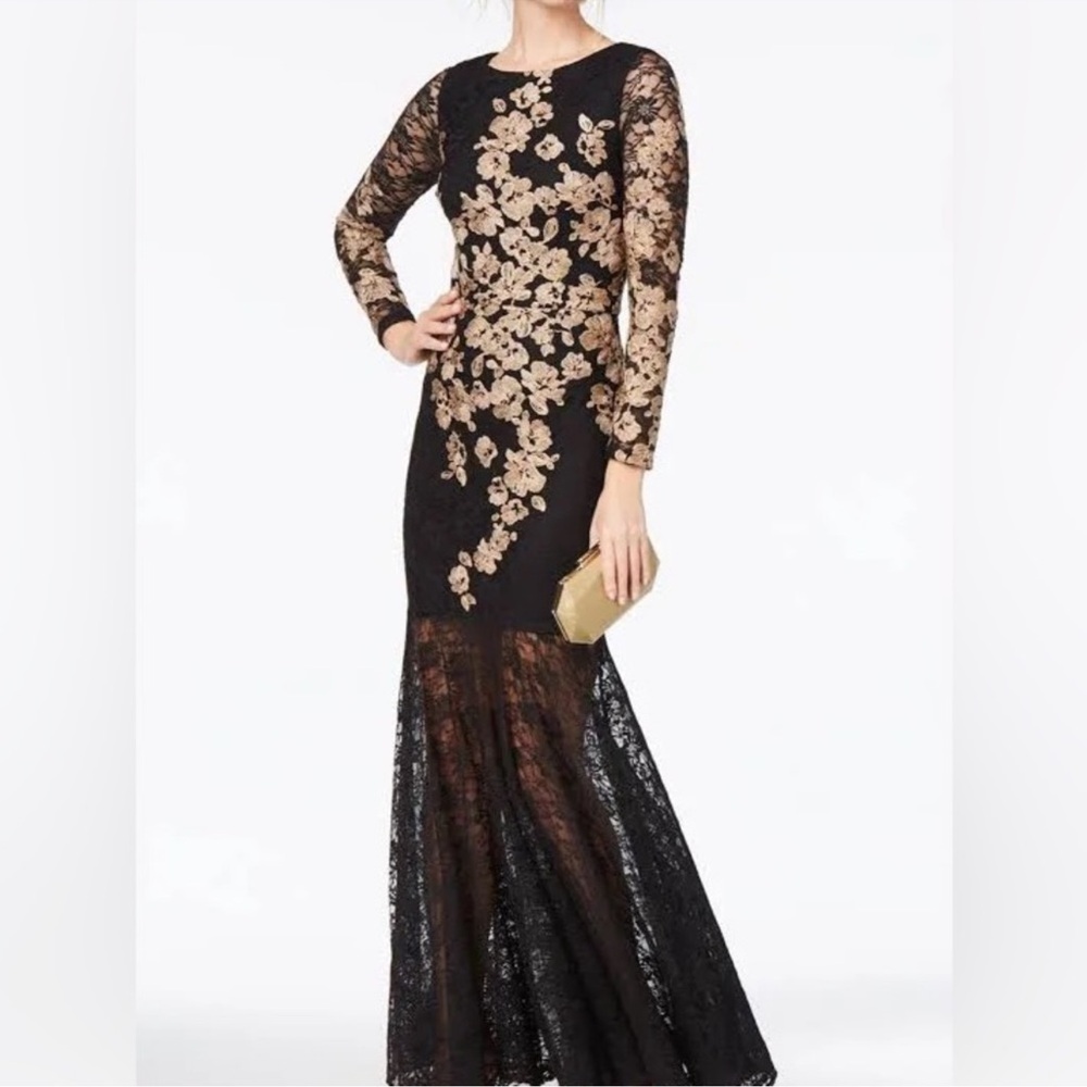 Xscape Black and Gold Long Sleeve Gown